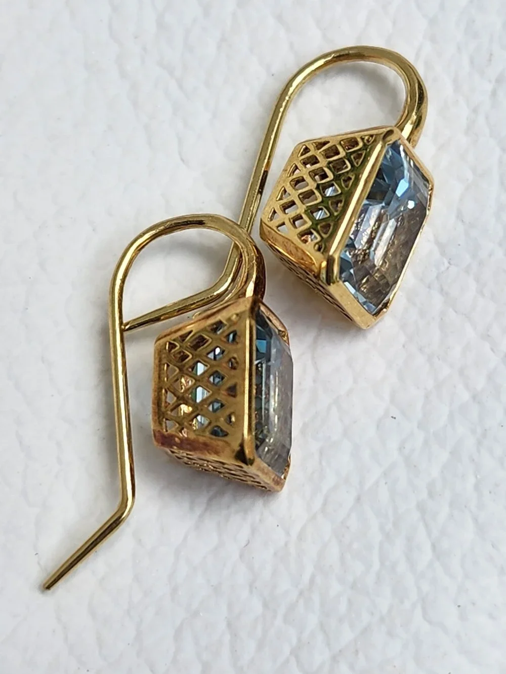 $5,000 Ray Griffiths 18kt Gold Asscher Cut Blue Topaz Drop Earrings
